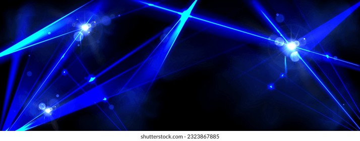 Realistic blue laser light beams shining on dark background. Vector illustration of neon spotlight rays glowing in air with smoke effect, night club party, concert stage illumination, space battle