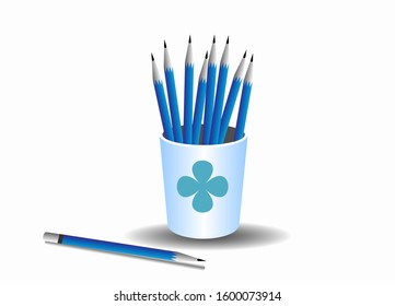 Realistic blue lead pencils in blue cup. Isolated on white background. Vector Illustration. Idea for back to school, artistic drawing and office stationery business.