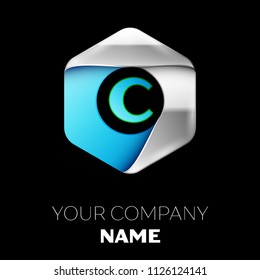 Realistic Blue Letter C logo symbol in the colorful silver-blue hexagonal shape on black background. Vector template for your design