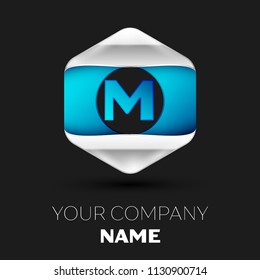 Realistic Blue Letter M logo symbol in the colorful silver-blue hexagonal shape on black background. Vector template for your design