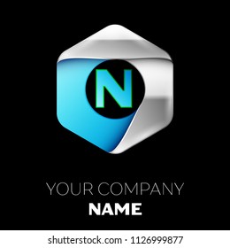 Realistic Blue Letter N logo symbol in the colorful silver-blue hexagonal shape on black background. Vector template for your design