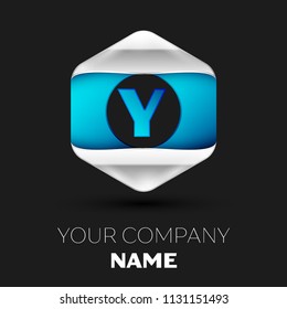 Realistic Blue Letter Y logo symbol in the colorful silver-blue hexagonal shape on black background. Vector template for your design