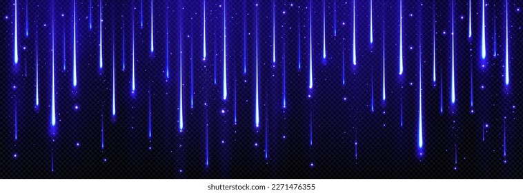 Realistic blue light effect of meteor rain in night sky. Vector illustration of falling stars glowing on transparent background. Abstract shimmering and sparkling illumination pattern, tinsel curtain