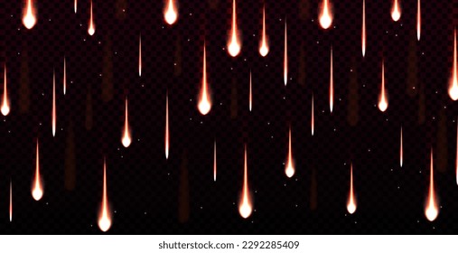 Realistic blue light effect of meteor rain in sky. Glowing comets with flame trails isolated on transparent background. Fireballs falling with glowing trails.