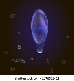 realistic, blue lightening poisonous jellyfish in dark deep water with bubbles, deep ocean animal