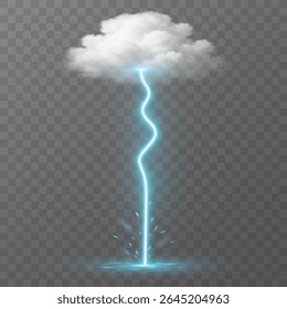 Realistic blue lightning bolt striking from a fluffy cloud on a transparent background. Glowing energy effect with sparkles on impact for natural forces and dynamic weather scenes. Vector.