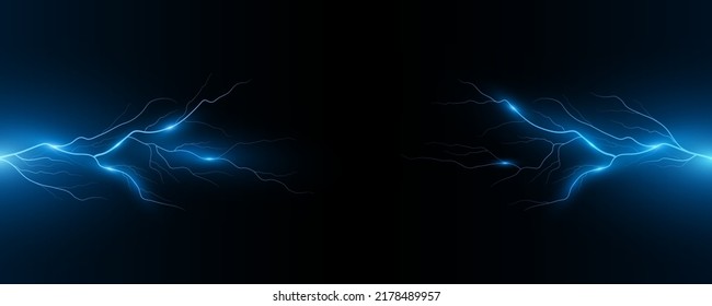 Realistic blue lightning effect isolated on black background. Thunderbolt with light effect. Thunderstorm for design your cover or banner. Vector illustration. EPS 10