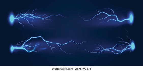 Realistic blue lightning. Thunder storm flash horizontal lightnings. Electric strike, thunderbolt bright light effect, power energy charge. Vector isolated set.