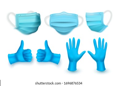 Realistic blue medical face mask and medical latex gloves. Vector illustration.