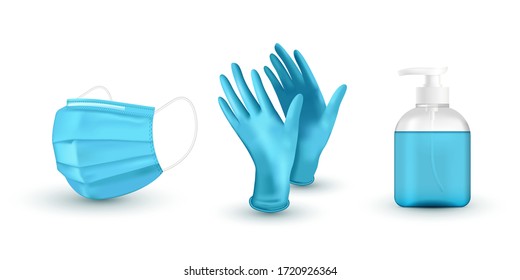 Realistic blue medical face mask, medical latex gloves and sanitizer. Virus protection. Vector illustration