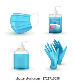 Realistic blue medical face mask, medical latex gloves, hand wash soap and sanitizer. Virus protection. 3D icon set. Vector illustration