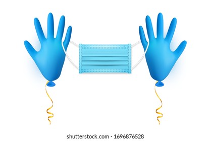 Realistic blue medical latex glove balloon with medical face mask. Shine helium balloon made from medical latex glove. Vector illustration.