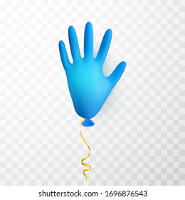 Realistic blue medical latex glove balloon. Shine helium balloon made from medical latex glove. Vector illustration.