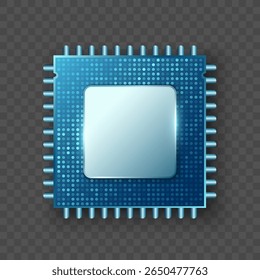 Realistic blue microprocessor chip on transparent background. Glossy 3D CPU icon with metallic details and dotted surface texture for tech, hardware, electronics, and digital designs. Vector.