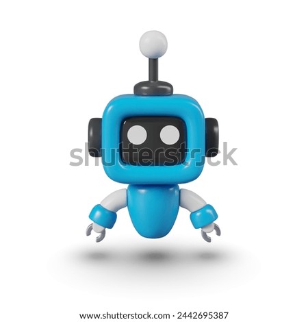 Realistic blue mini robot. Droid in air. Funny mechanical assistant on white background