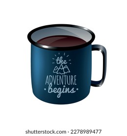 Realistic blue mug of coffee with text vector illustration