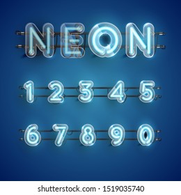 Realistic blue neon character set with plastic case around, vector illustration