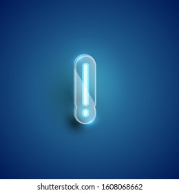 Realistic blue neon exclamation mark with plastic case, vector illustration