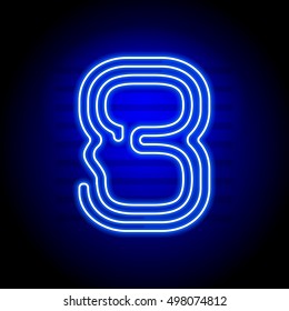 Realistic Blue Neon numbers. Number with Neon tube light on dark background. 