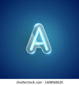 Realistic blue neon A with plastic case, vector illustration