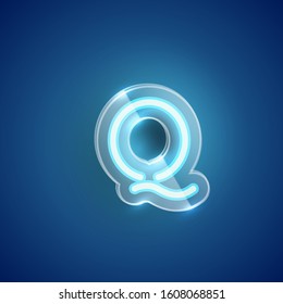 Realistic blue neon Q with plastic case, vector illustration