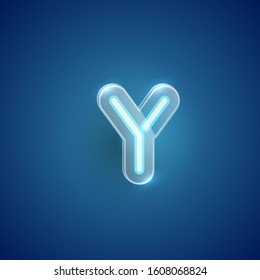 Realistic blue neon Y with plastic case, vector illustration