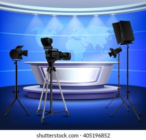 Realistic blue news studio interior with table on pedestal world map on wall floodlight camera vector illustration
