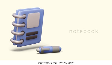 Realistic blue notebook with metal spiral binder and blue cover, and pen