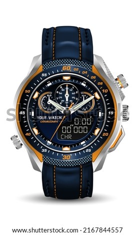 Realistic blue orange watch clock silver black leather strap on grey design classic luxury vector illustration.