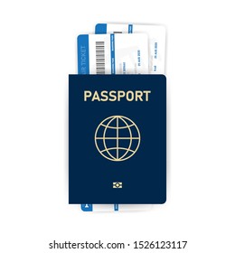 Realistic blue passport template and airline tickets in it on a white background. Document for travel and immigration. Vector illustration