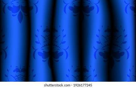 Realistic blue patterned fabric curtains. Pattern on drapes. Vector illustration.