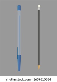 Realistic blue pen. Black pencil with eraser on the end. Vector illustration.