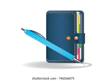 Realistic blue pen, Notepad personal - Organizer - isolated on white background - vector art illustration