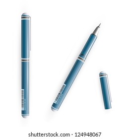 Realistic blue pen. Vector illustration.