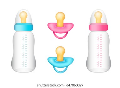 Realistic Blue Pink Pacifiers Baby Bottles Stock Vector (Royalty Free ...