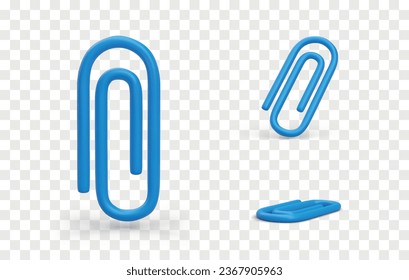 Realistic blue plastic paper clip. Stationery. Collection of pages, organization of archival documents. Item in different positions. Set of vector icons