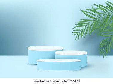 Realistic blue podium with leaf background.