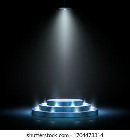 Realistic blue podium with lighting. Scene for award ceremony on dark background. Vector illustration. Empty pedestal.