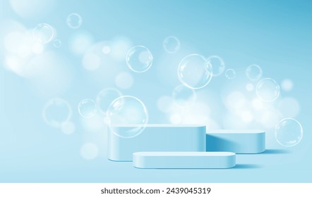 Realistic blue podium stage with soap bubbles. Realistic 3d vector background with rounded rectangular platforms and flying soapy spheres. Template for product presentation and exhibition promotions