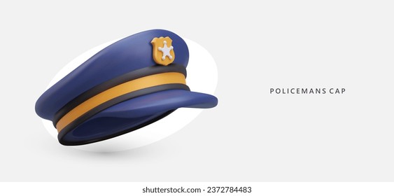 Realistic blue policeman cap in cartoon style, side view. Uniform headdress of policeman with visor and cockade. Vector horizontal banner with place for text