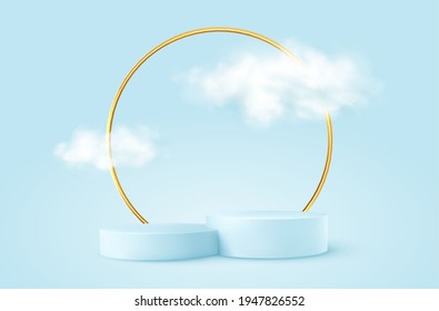 Realistic Blue product podium with golden round arch and clouds. Product podium scene design to showcase your product. Realistic 3d vector illustration EPS10