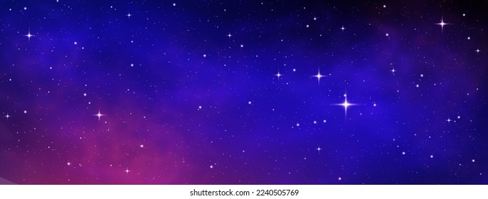 Realistic blue purple galaxy. Shooting star background against dark blue starry night sky. Magic stardust. Meteor shower with falling glowing asteroids, stars in space. Comet with light trail. Vector