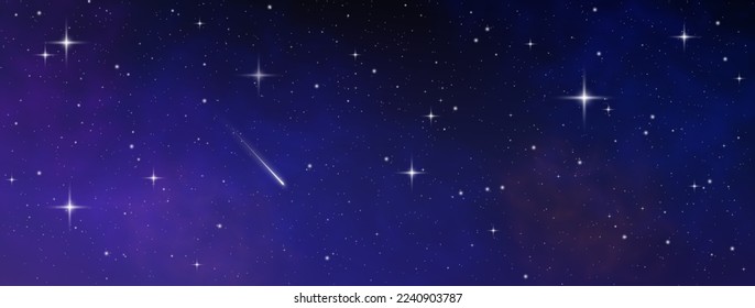 Galaxia púrpura azul realista. Fondo estrella de tiro contra cielo estrellado azul oscuro. Espinilla mágica. Ducha de metal con asteroides brillantes en caída, estrellas en el espacio. Cometa con rastro ligero. Vector