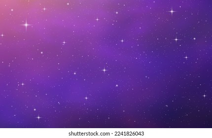 Realistic blue purple galaxy. Shooting star background against dark blue starry night sky. Magic stardust. Meteor shower with falling glowing asteroids, stars in space. Comet with light trail. Vector