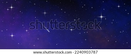 Realistic blue purple galaxy. Shooting star background against dark blue starry night sky. Magic stardust. Meteor shower with falling glowing asteroids, stars in space. Comet with light trail. Vector