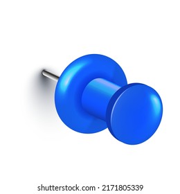 Realistische blaue Push-Pin. Papphack einzeln auf weißem Hintergrund. Kunststoff-Druckstift mit Nadel. Vektorgrafik.