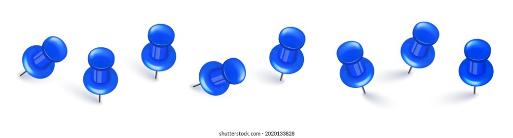 Realistic blue push pins. Board tacks isolated on white background. Plastic pushpin with needle. Vector illustration.