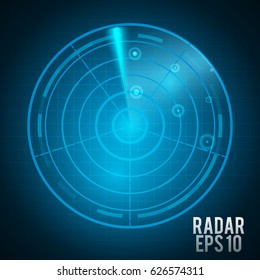 Realistic blue radar screen with targets in process , Vector illustration .