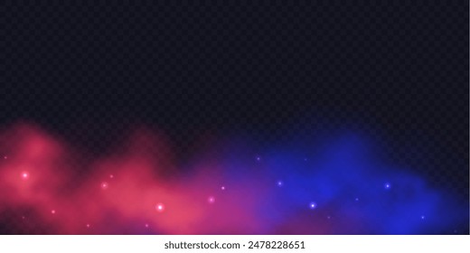 Realista azul y rojo vapor y humo. Contra el concepto de batalla. Vector abstracto niebla de duotono con destellos aislados sobre fondo transparente