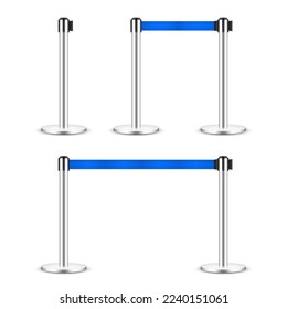 Realistic blue retractable belt stanchion. Crowd control barrier posts with caution strap. Queue lines. Restriction border and danger tape. Attention, warning sign. Vector illustration